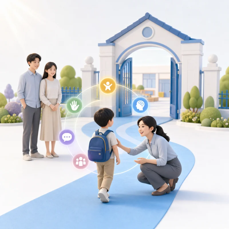 儿童在教师与家长陪伴下走向学校入口的插画